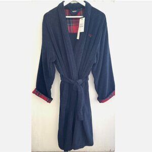 BARBOUR Lachlan Luxury Robe Navy Blue Terry Cotton Tartan Trim Cuff Size S-M NWT